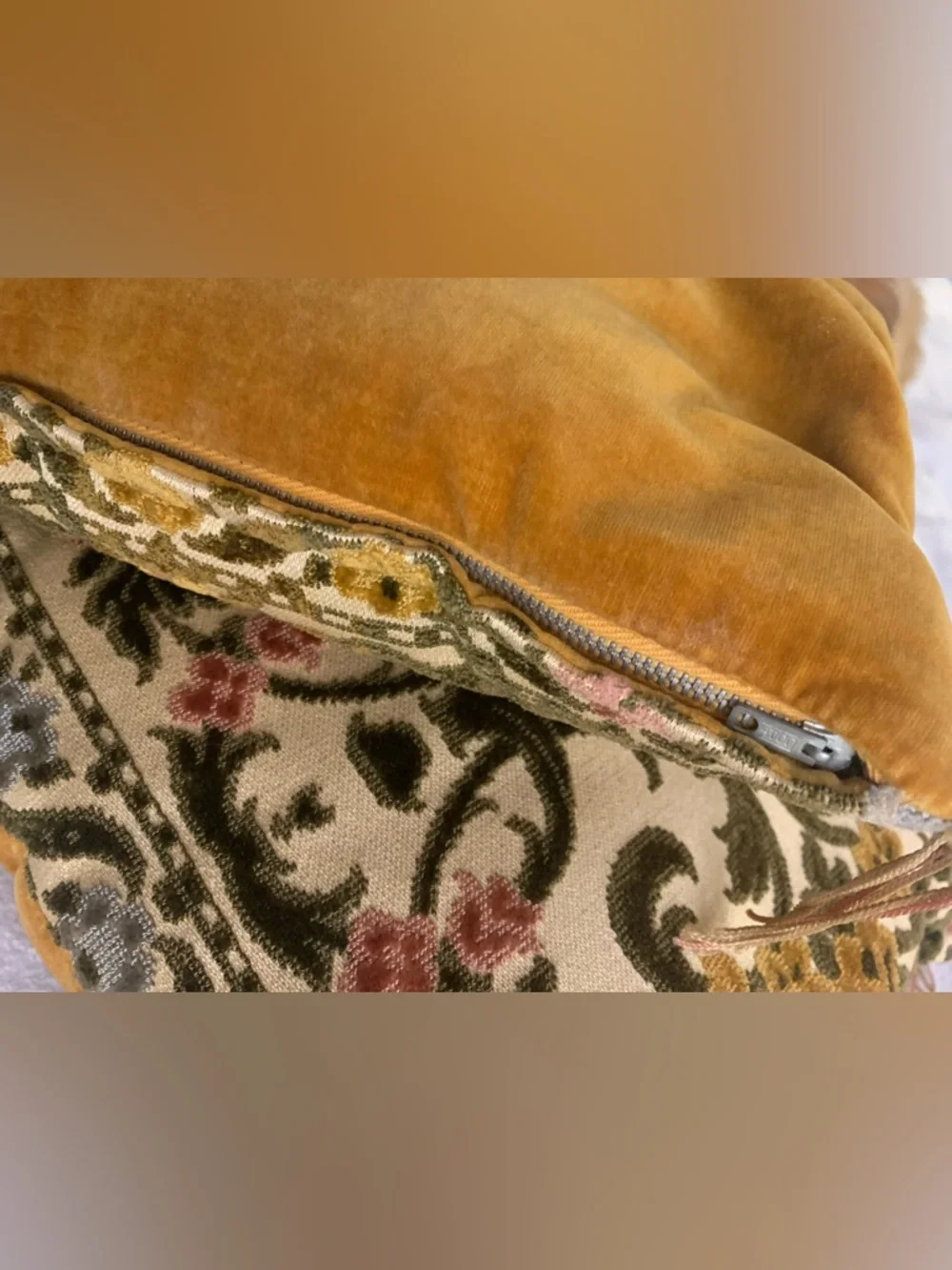 Antique Velvet Damask Floral Throw Pillows with Tassel Trim approx 10 x 10